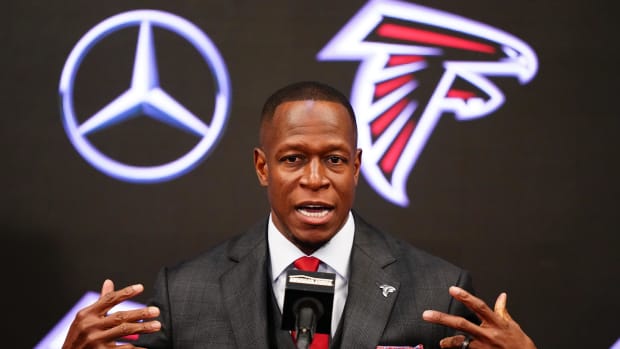 Feb 5, 2024; Atlanta, GA, USA; Raheem Morris address the media after being introduced as the new head coach of the Atlanta Falcons at Mercedes-Benz Stadium.